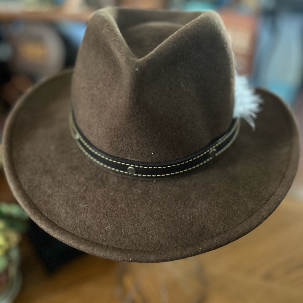Vintage Brown Wool Cowboy Hat with Leather Band & Feather Accent - Picture 3 of 14